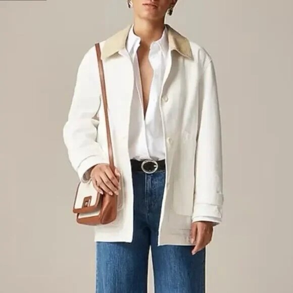 NWT J.Crew Women's XL Ivory Barn Jacket in Canvas Off-White Tan Collar CI107 - Picture 1 of 12